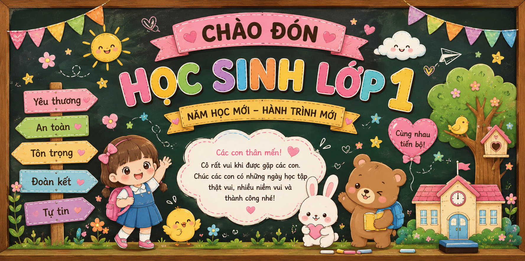 Mẫu vẽ bảng chào đón học sinh lớp 1 đẹp