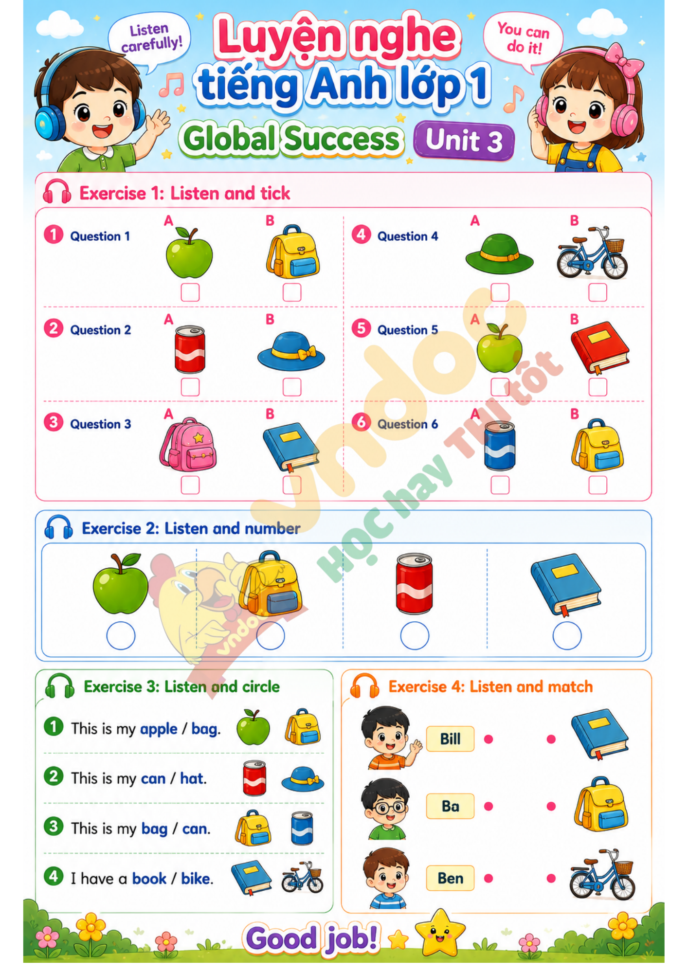 Luyện nghe Unit 3 lớp 1 minh họa