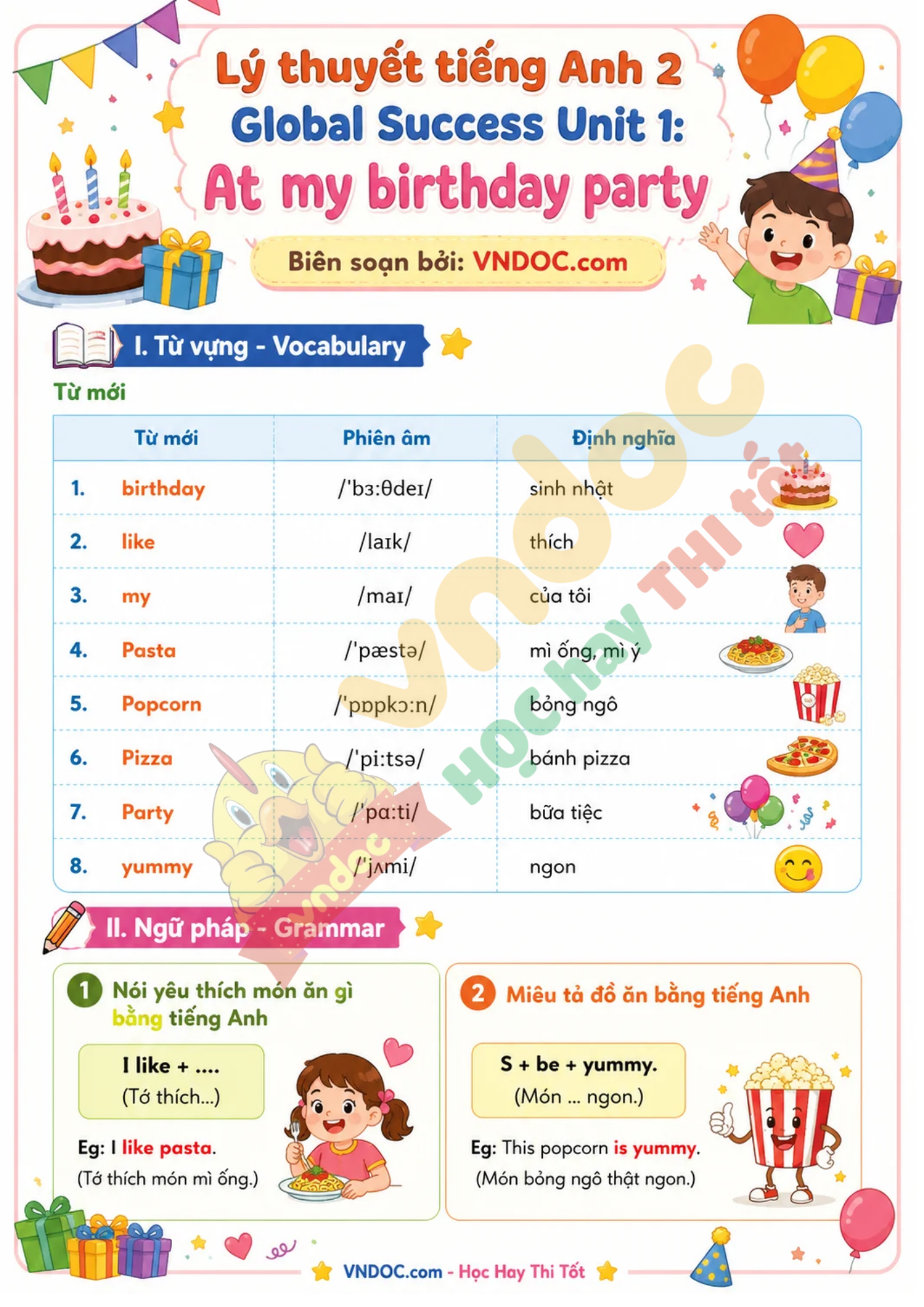 Từ vựng - Ngữ pháp tiếng Anh 2 Unit 1 At my birthday party