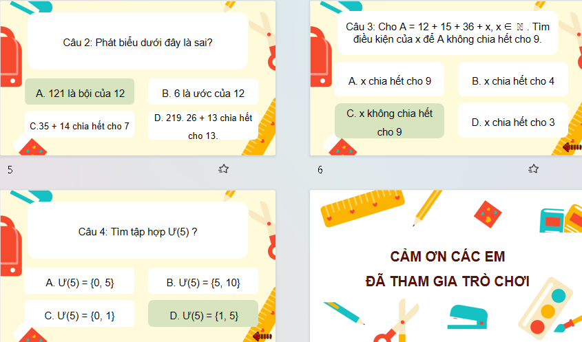 Game khởi động Toán 6 Bài 8
