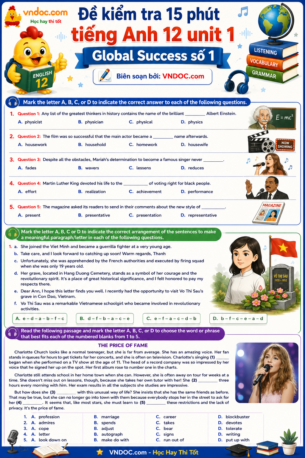 Đề kiểm tra 15 phút Tiếng Anh lớp 12 Unit 1 Life stories we admire
