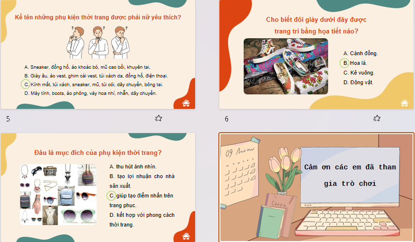Game khởi động Mĩ thuật 9 Bài 2: Thiết kế phụ kiện thời trang