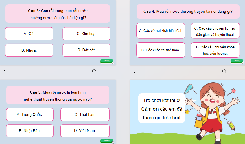 Game khởi động Mĩ thuật 9 Bài 12: Tạo hình nhân vật múa rối nước