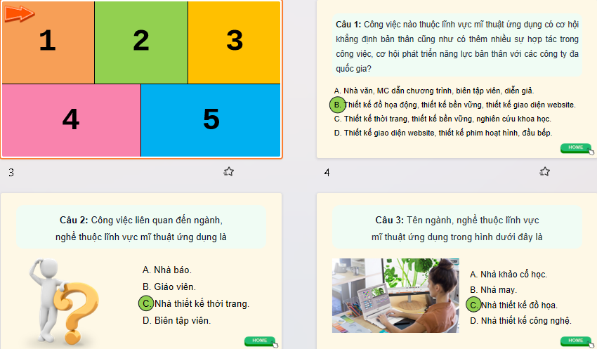 Game khởi động Mĩ thuật 9 Bài 15: Ngành, nghề liên quan đến mĩ thuật ứng dụng