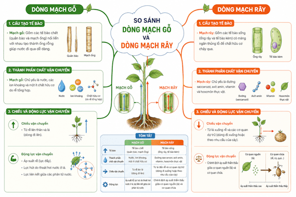 So sánh dòng mạch gỗ và dòng mạch rây