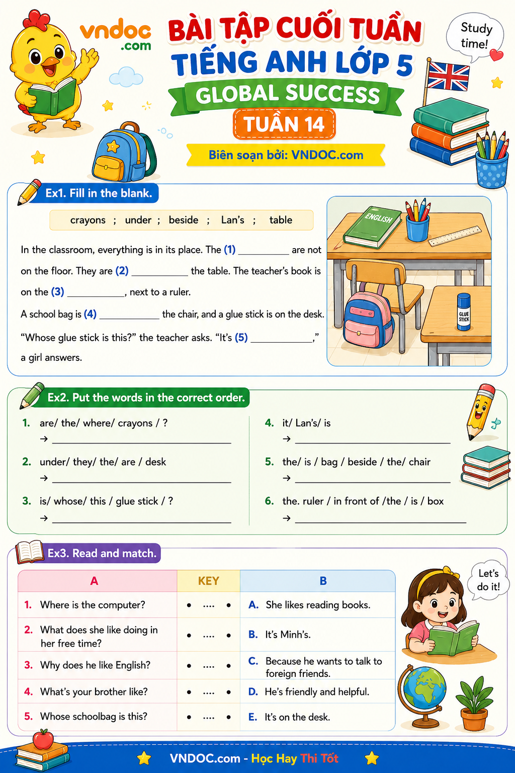 Bài tập cuối tuần tiếng Anh lớp 5 Global Success Tuần 14