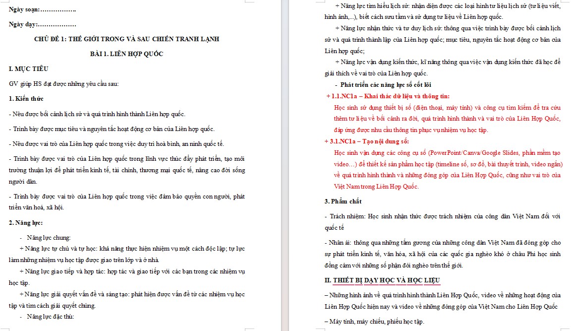 Giáo án Lịch sử 12 tích hợp NLS HK2