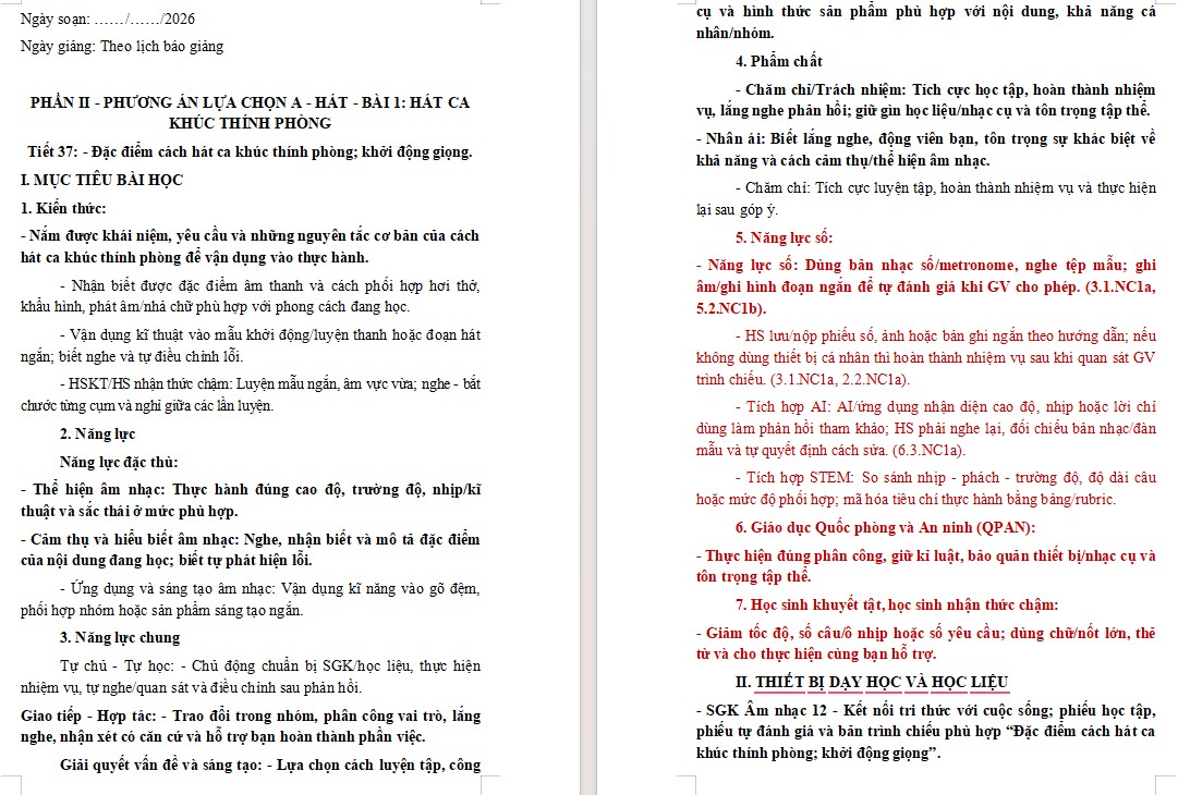 Giáo án Âm nhạc 12 tích hợp NLS HK2