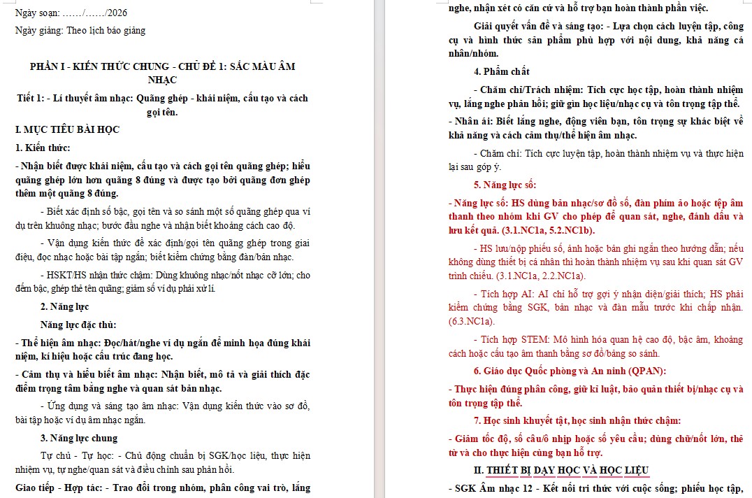 Giáo án Âm nhạc 12 tích hợp NLS HK1