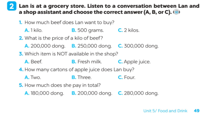SBT Tiếng Anh 7 Global Success Unit 5 Listening minh họa 2