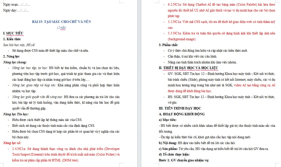 Giáo án Tin học 12 tích hợp NLS HK2