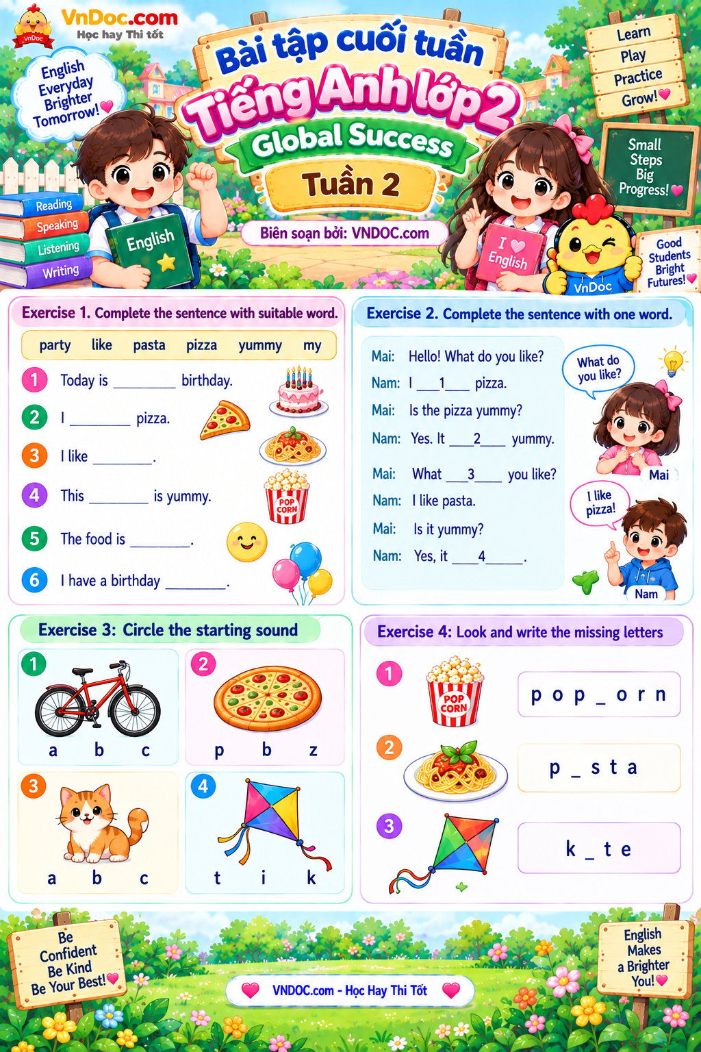 Bài tập cuối tuần Tiếng Anh lớp 2 Global Success Tuần 2