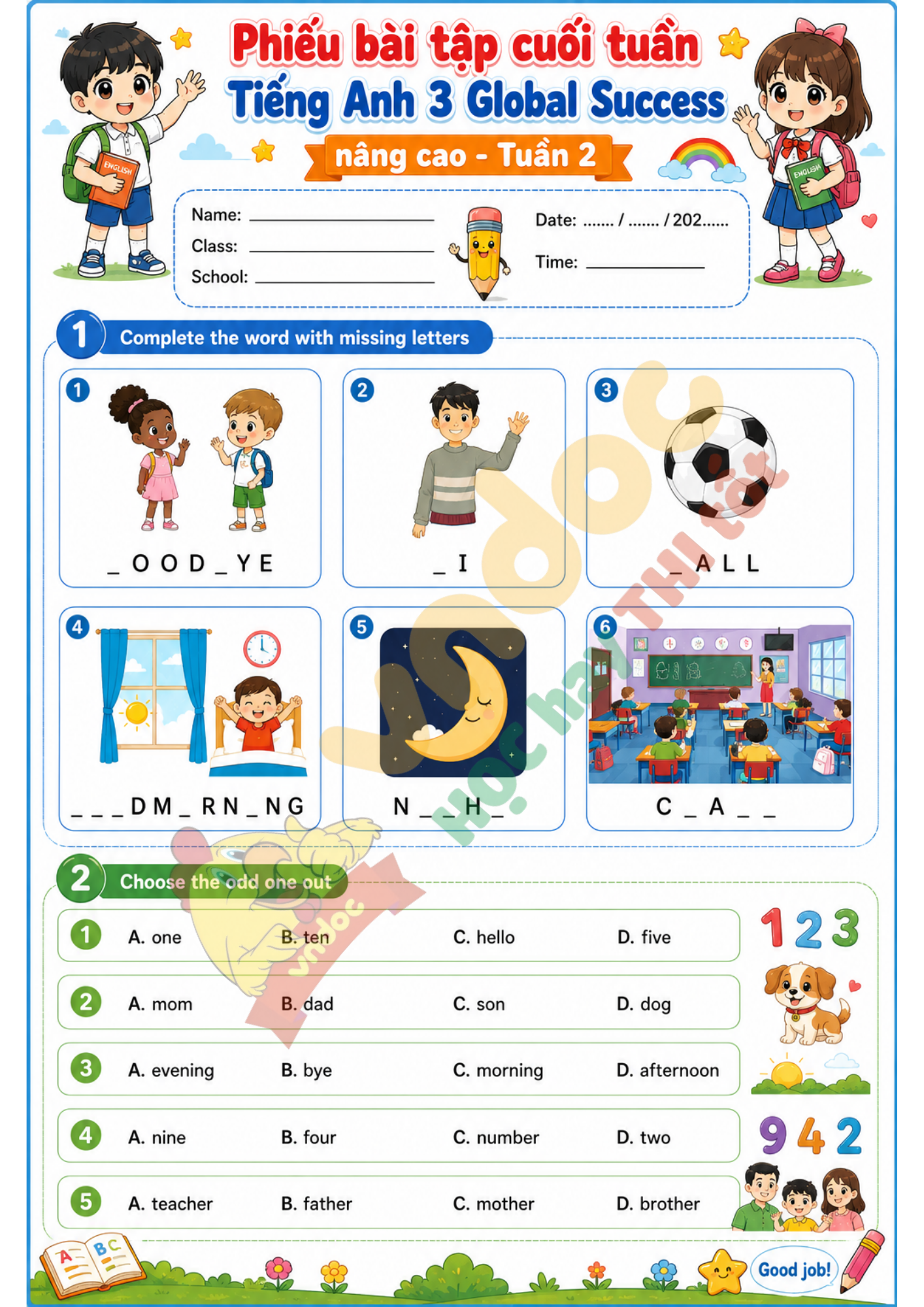 Phiếu bài tập cuối tuần tiếng Anh 3 tuần 2