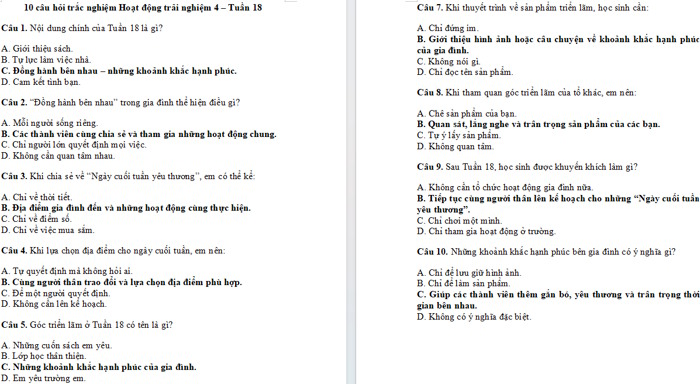 Bài tập Trắc nghiệm HĐTN 4 Chủ đề 3 Tuần 18