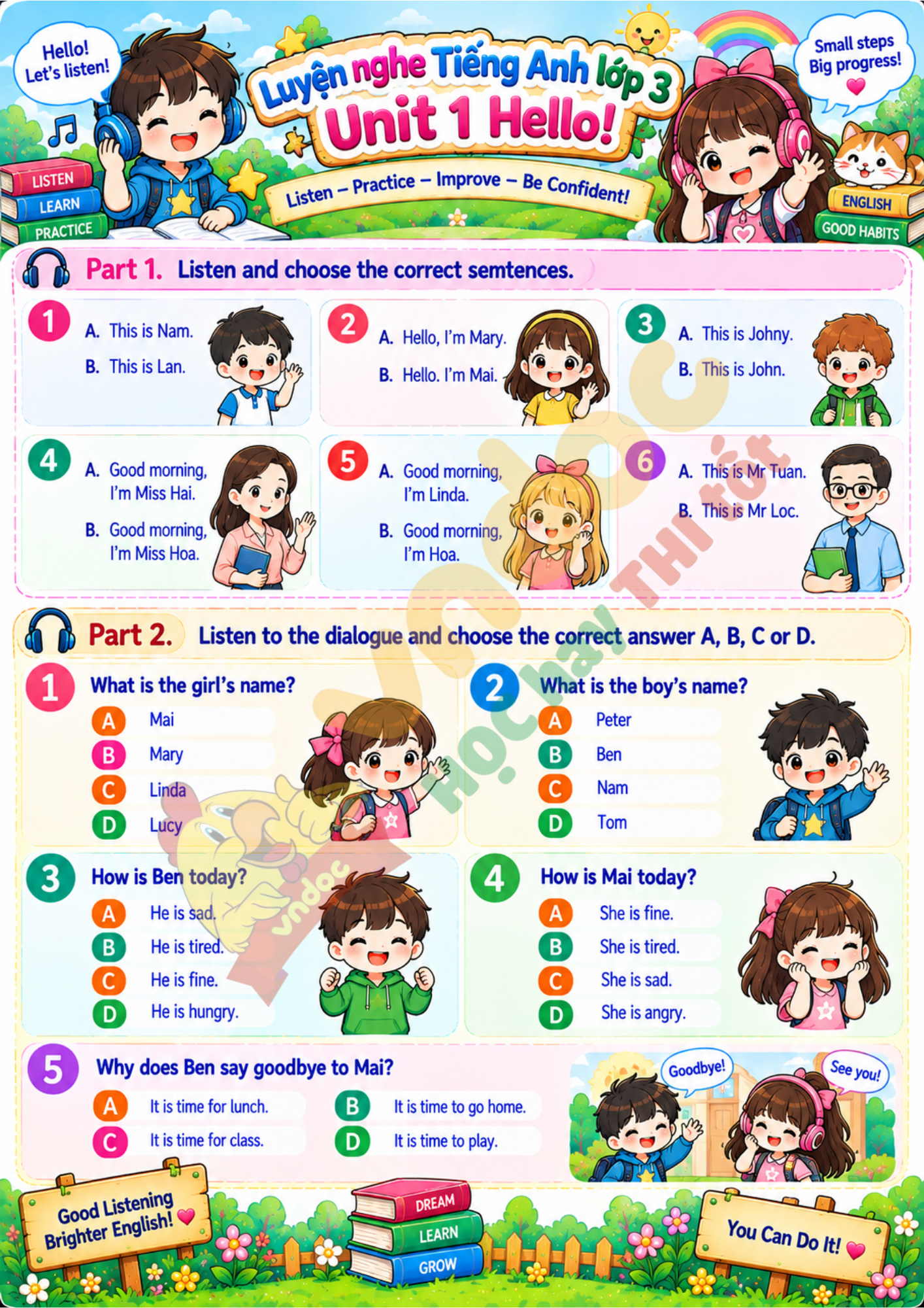 Listening Unit 1 lớp 3 minh họa 