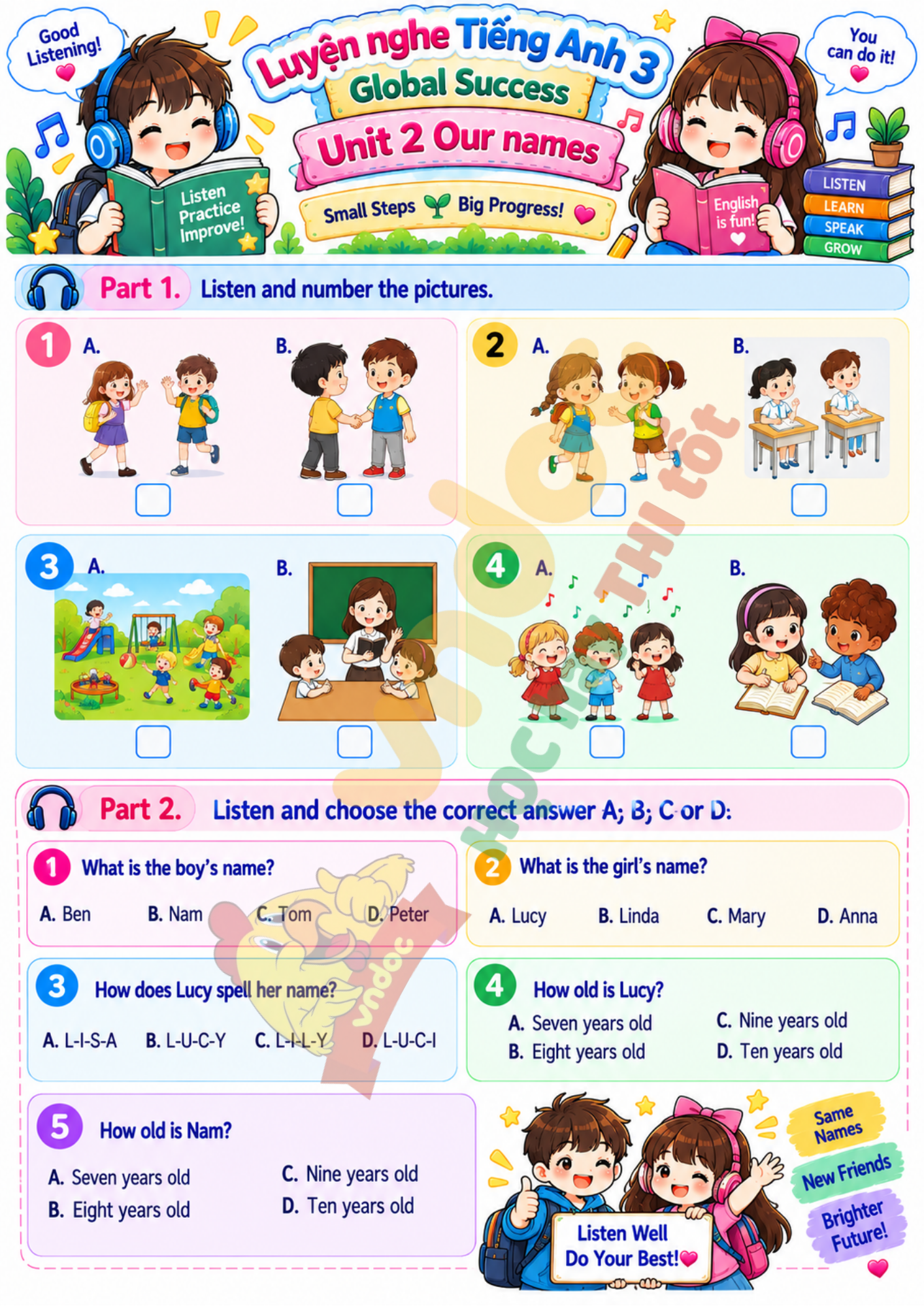 Luyện nghe Unit 2 lớp 3 minh họa