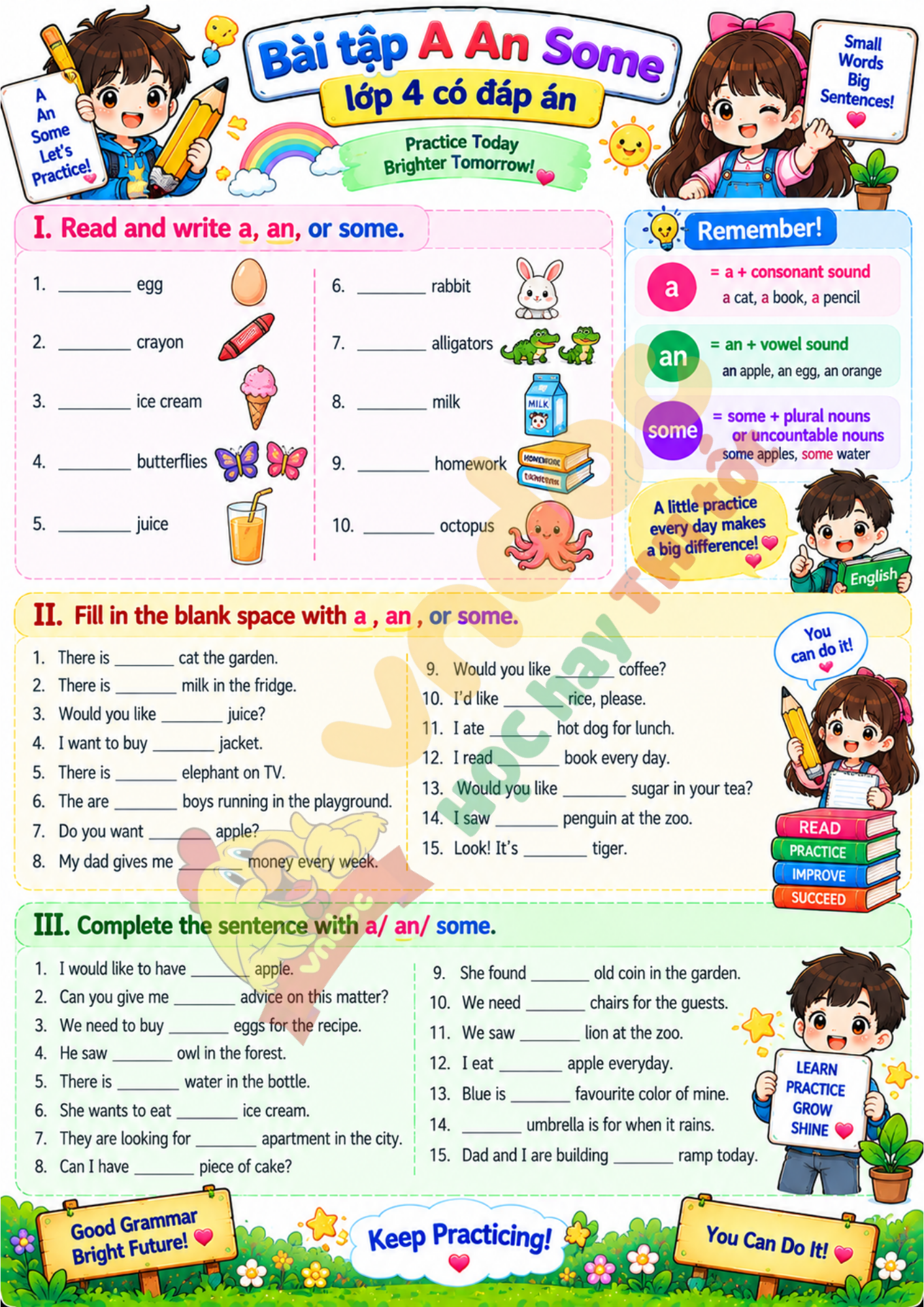 Bài tập A An Some lớp 4 minh họa