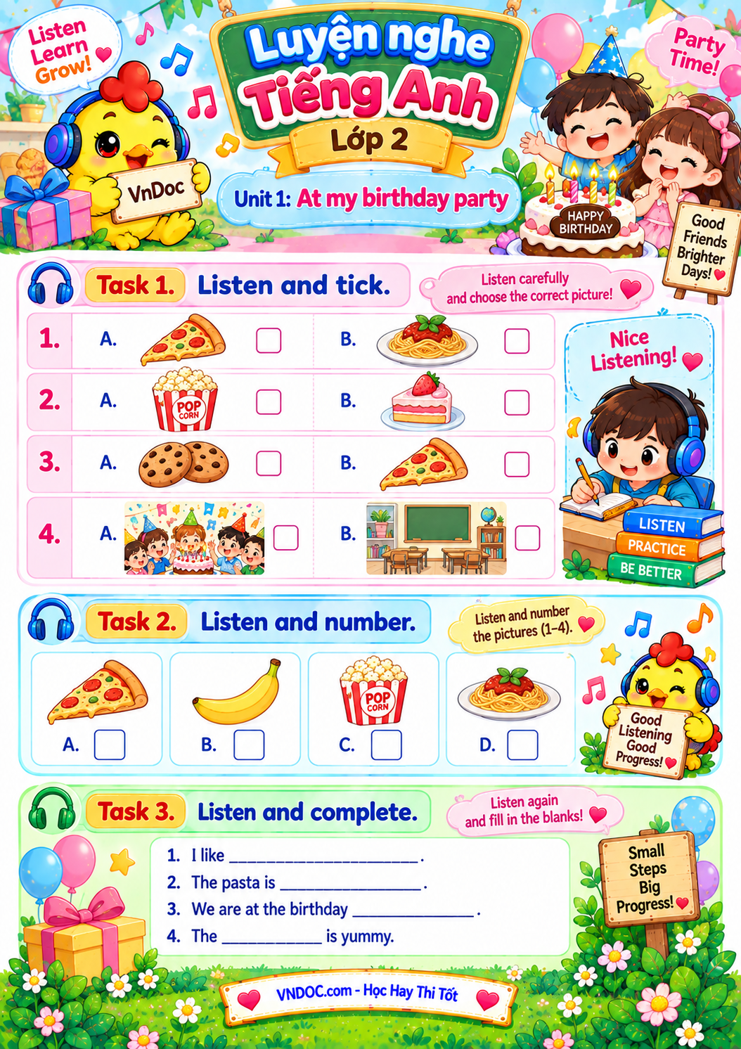 Luyện nghe tiếng Anh lớp 2 unit 1 At my birthday party