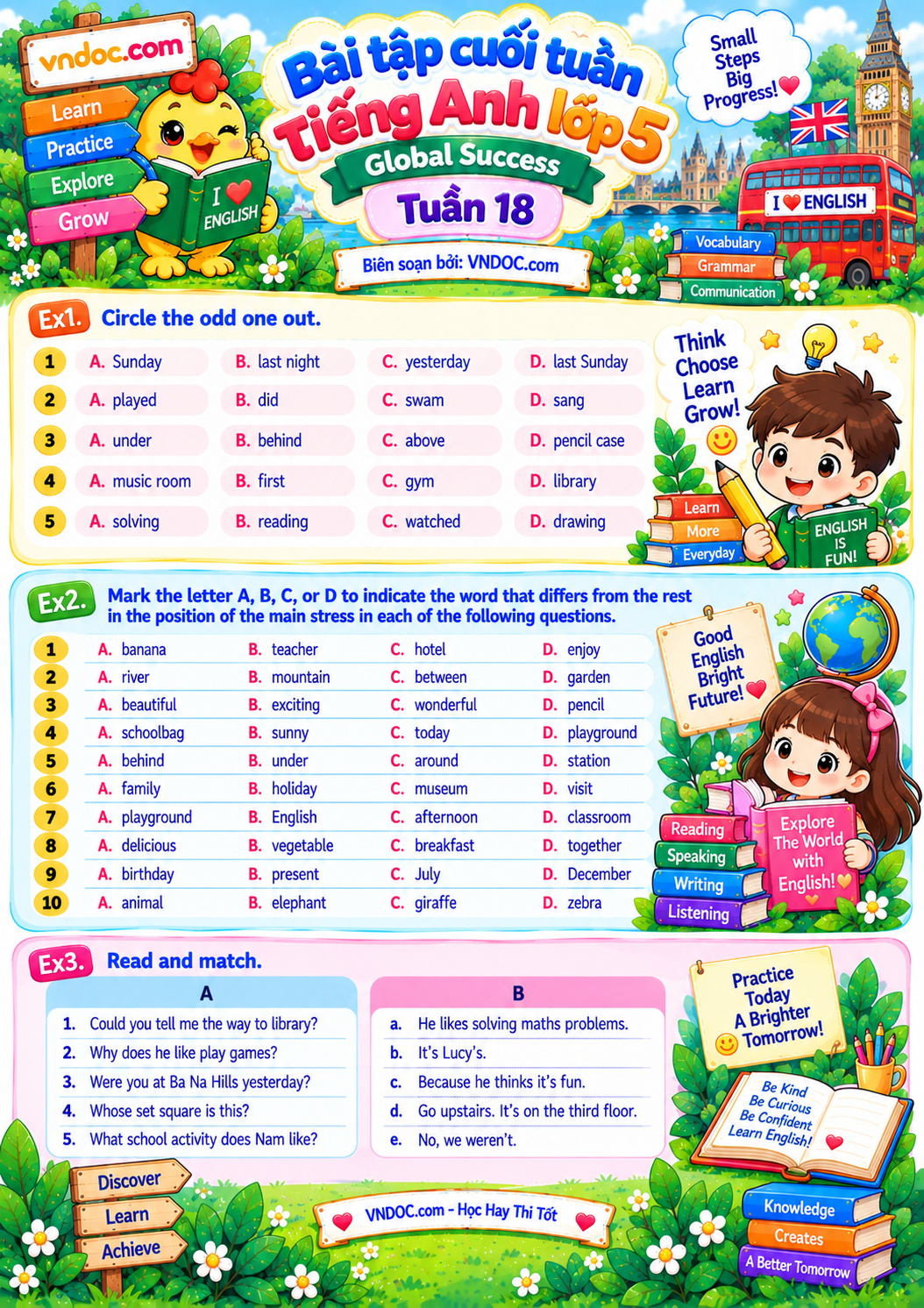 Bài tập cuối tuần tiếng Anh lớp 5 Global Success Tuần 18