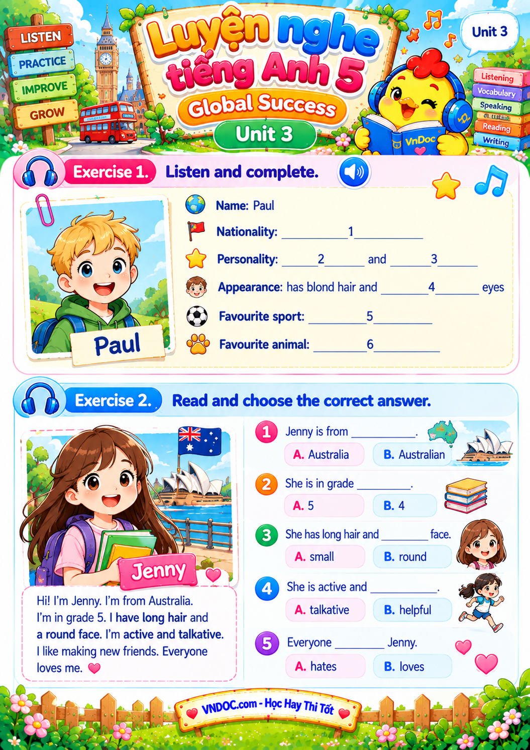 Luyện nghe tiếng Anh 5 Global Success Unit 3