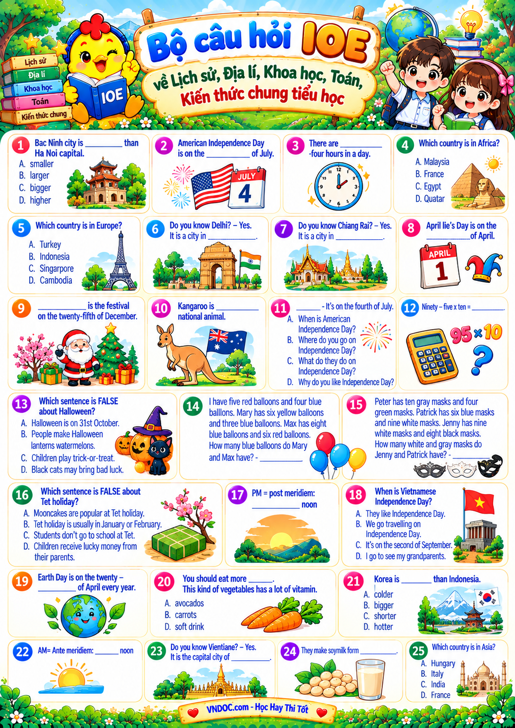 Bộ câu hỏi IOE về Lịch sử, Địa lí, Khoa học, Toán, Kiến thức chung tiểu học