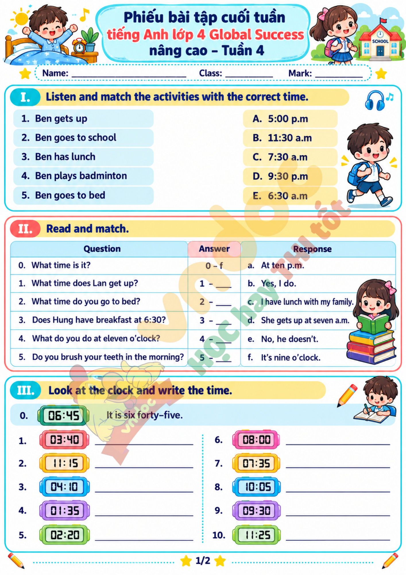 Bài tập cuối tuần Tiếng Anh 4 Tuần 4 minh họa 