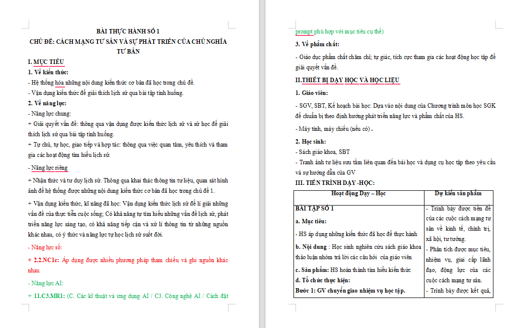 Giáo án NLS, AI Thực hành Lịch sử 11 