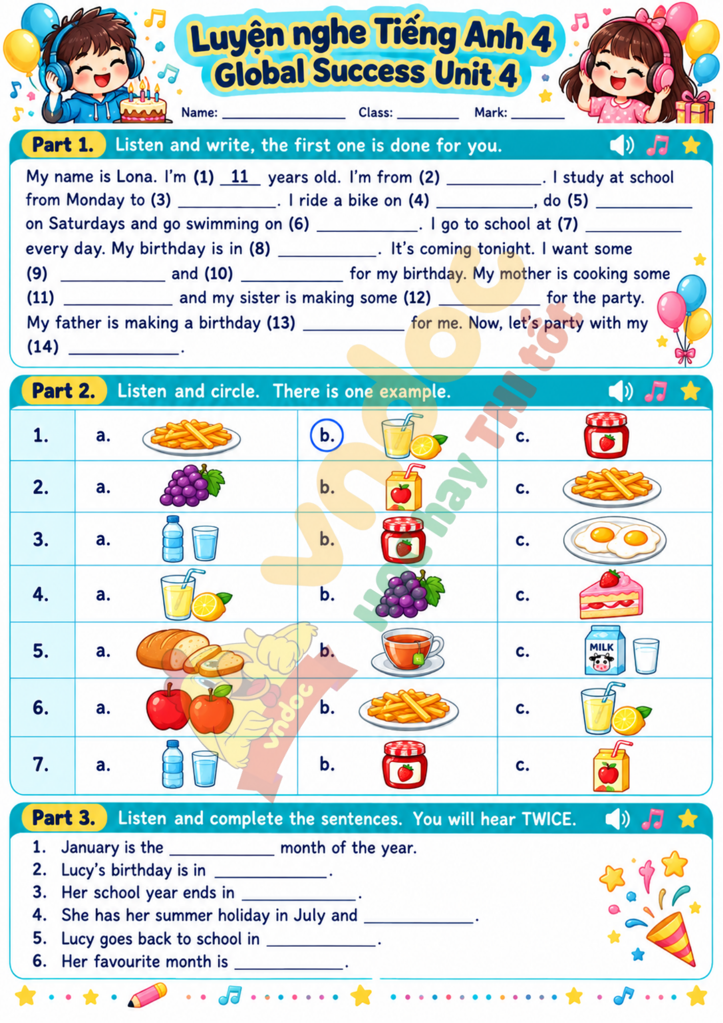 Luyện nghe tiếng Anh 4 Unit 4 minh họa 