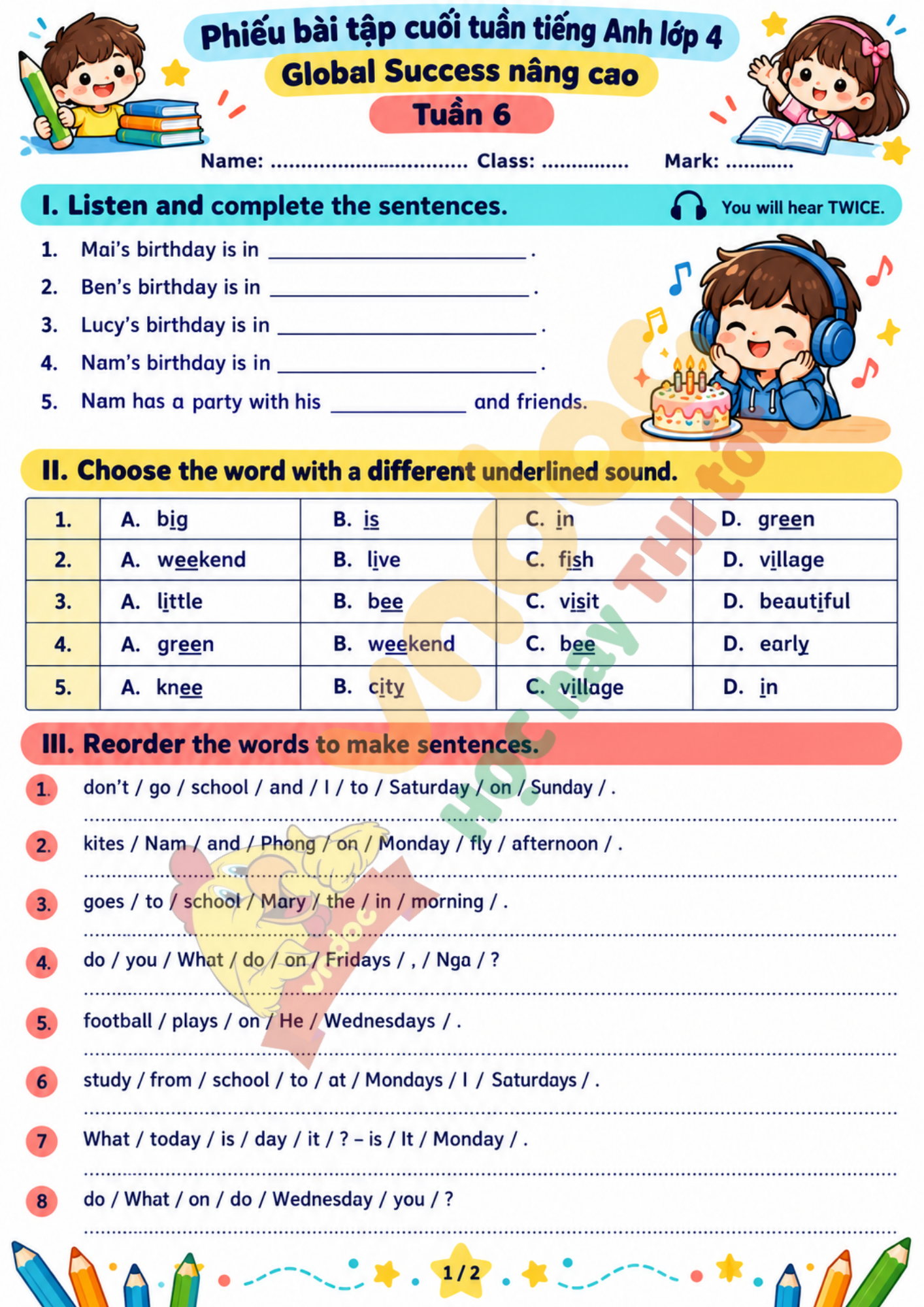 Bài tập cuối tuần lớp 4 tuần 6 minh họa