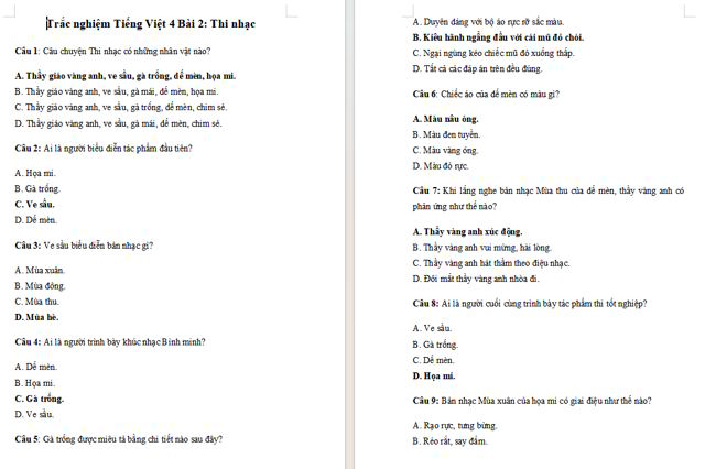 Trắc nghiệm Tiếng Việt 4 Bài 2