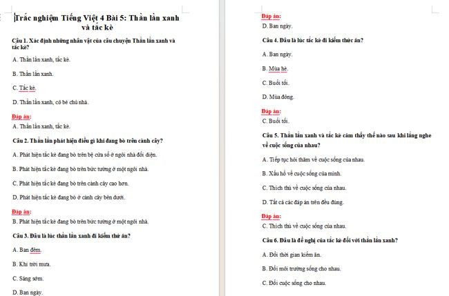 Trắc nghiệm Tiếng Việt 4 Bài 5