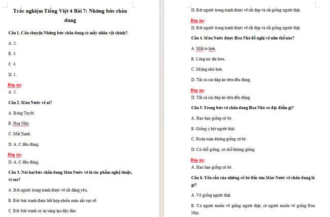 Trắc nghiệm Tiếng Việt 4 Bài 7