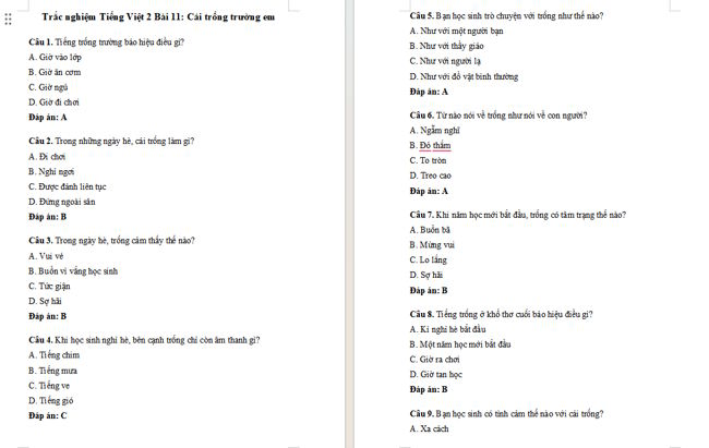 Trắc nghiệm Tiếng Việt 2 Bài 11