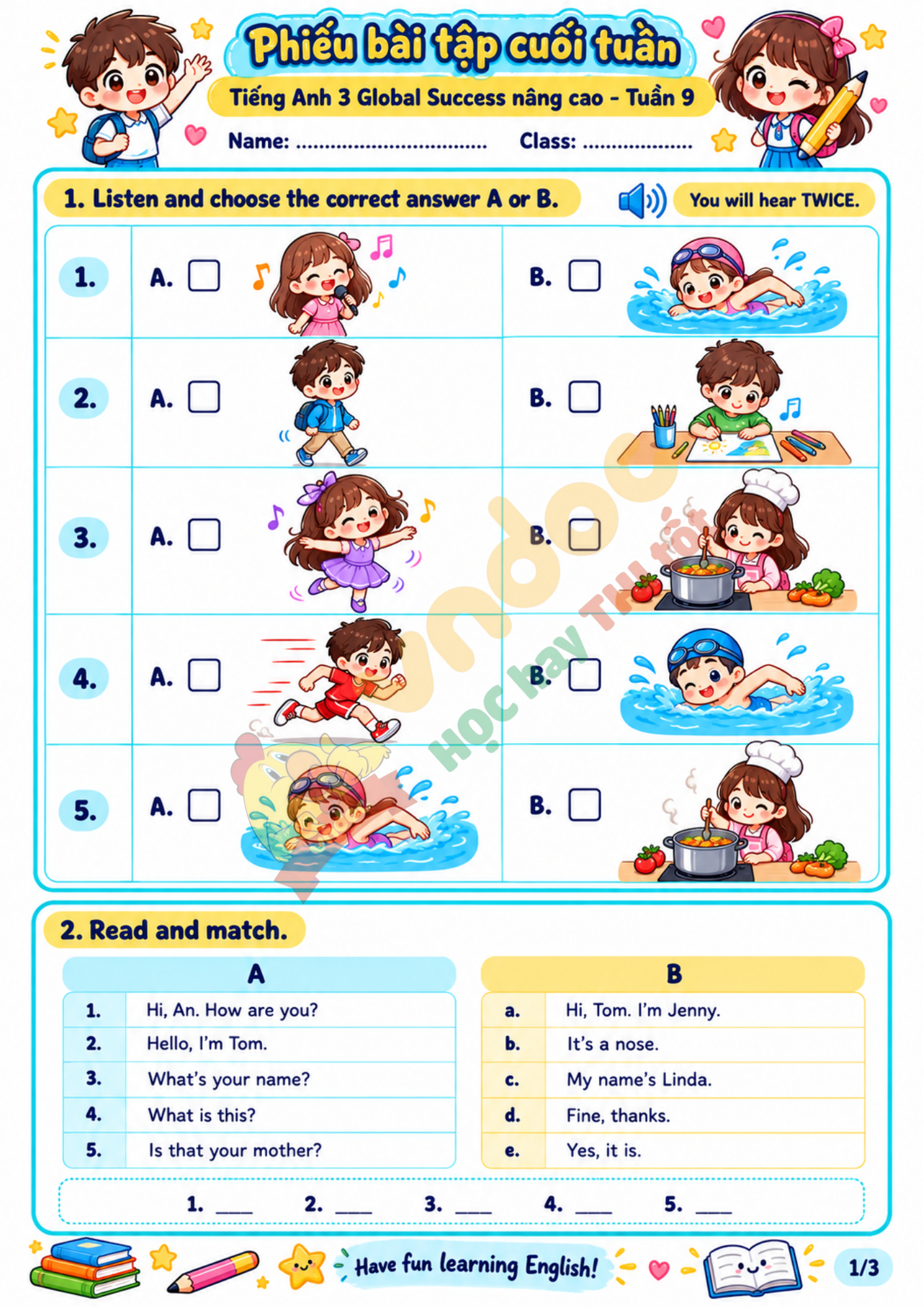 Phiếu bài tập cuối tuần tiếng Anh lớp 3 Tuần 9 minh họa 