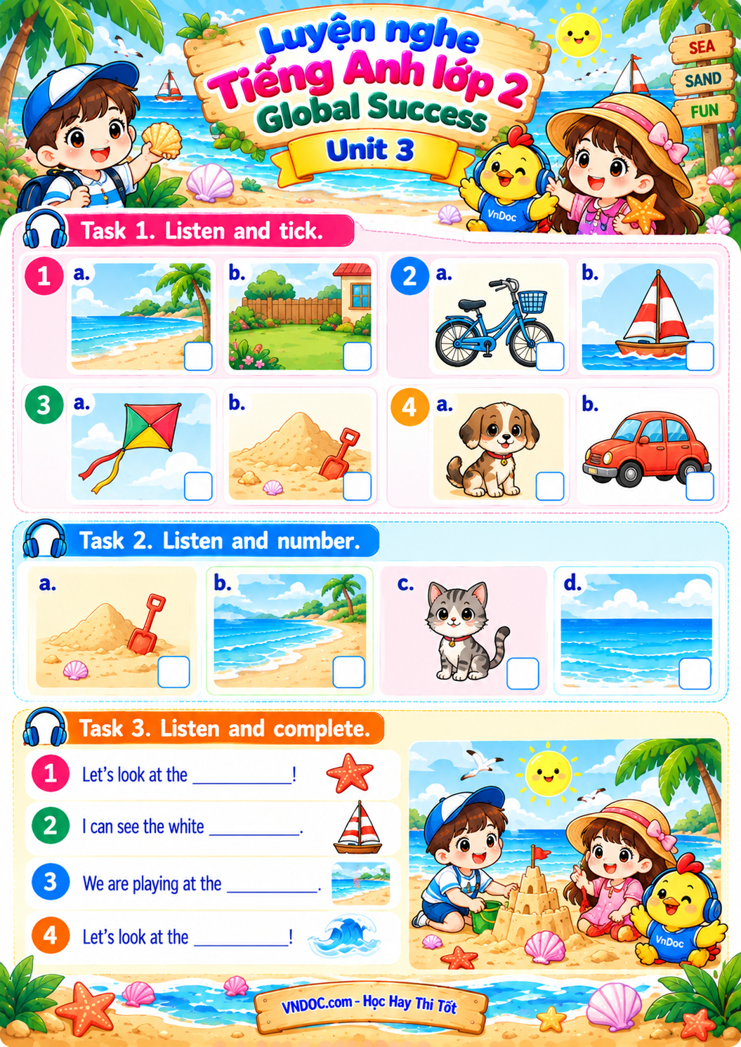 Luyện nghe tiếng Anh lớp 2 unit 3: At the seaside