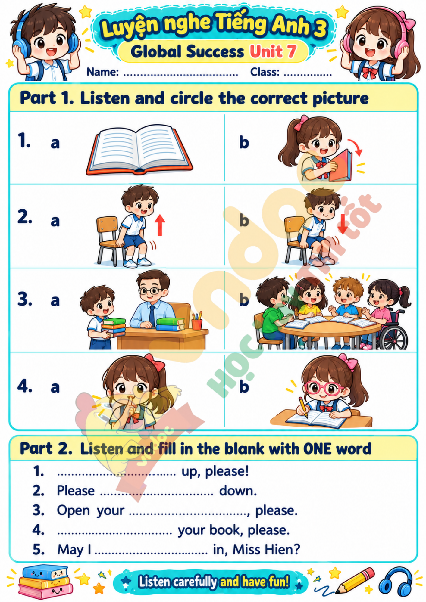 Luyện nghe Unit 7 lớp 3 minh họa 
