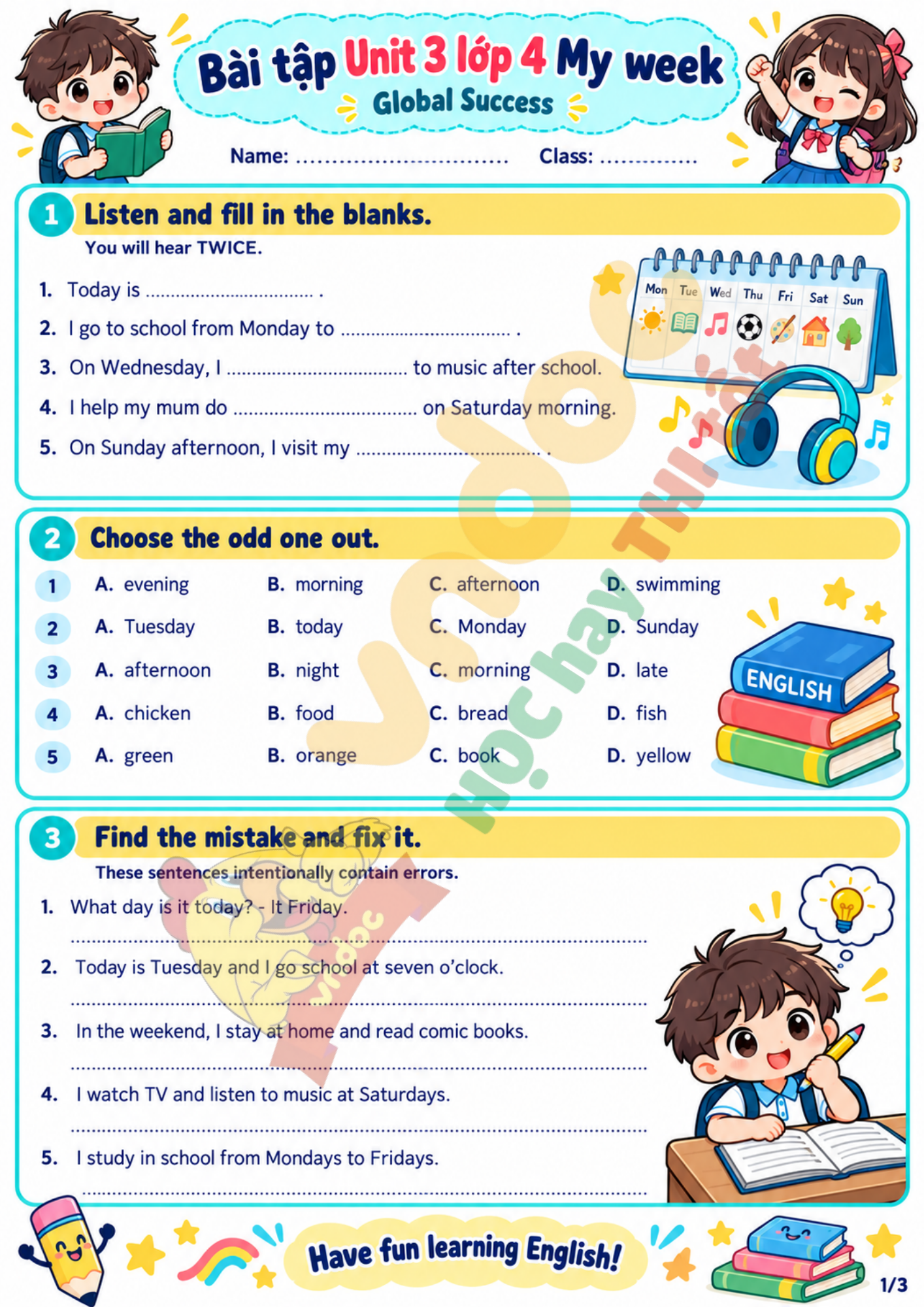 Bài tập Unit 3 lớp 4 minh họa