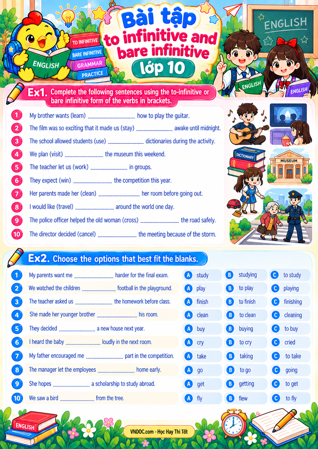 Bài tập to infinitive and bare infinitive lớp 10 có đáp án