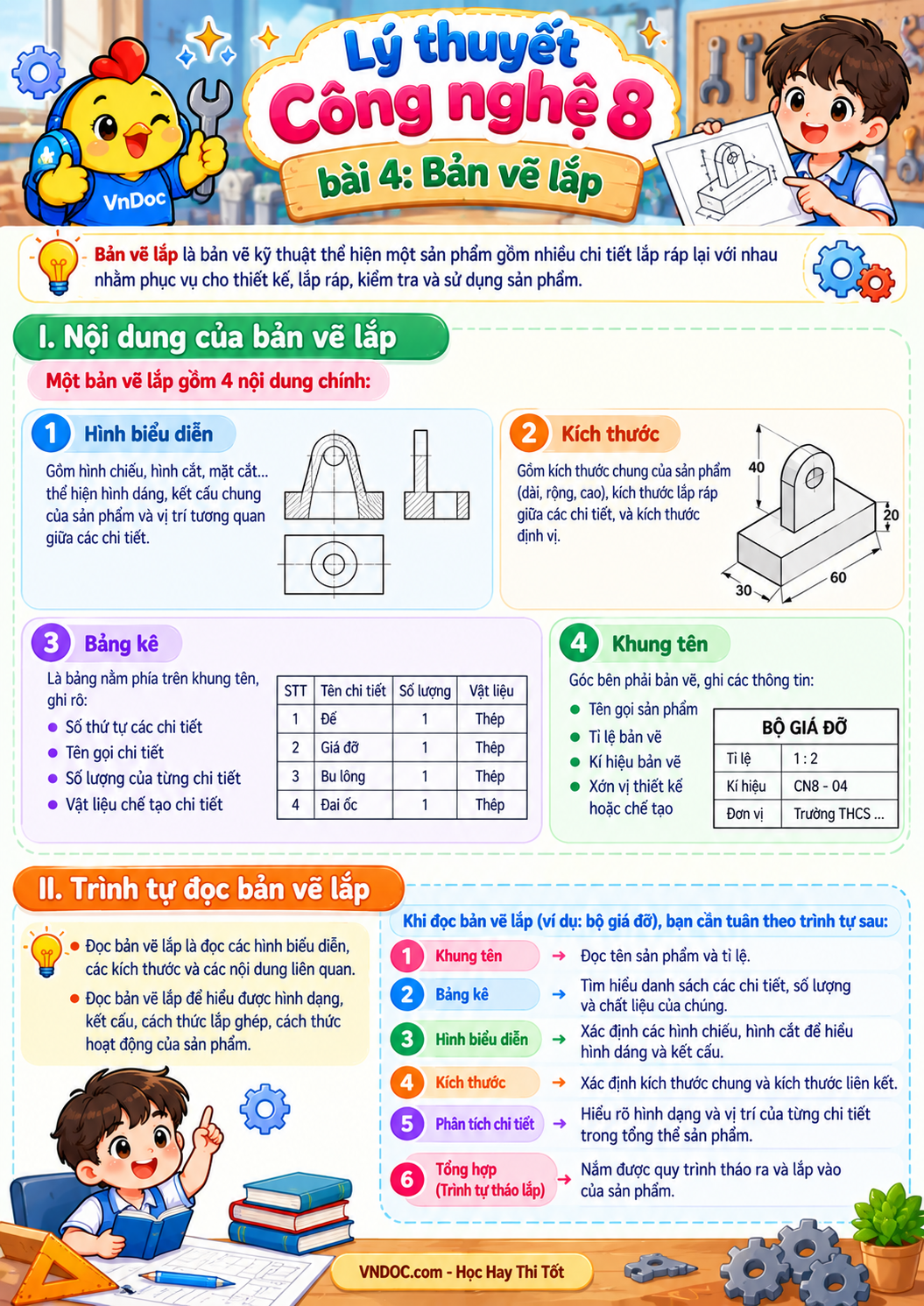 Lý thuyết Công nghệ 8 bài 4: Bản vẽ lắp