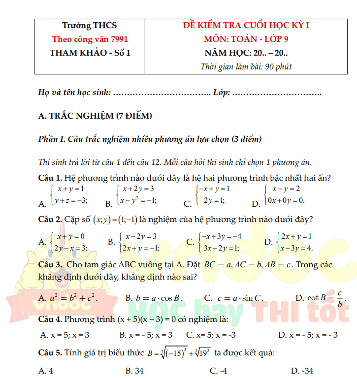 bộ đề thi HK1 Toán 9 KNTT5*26101