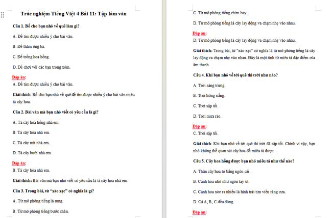 Trắc nghiệm Tiếng Việt 4 Bài 11