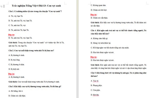 Trắc nghiệm Tiếng Việt 4 Bài 13