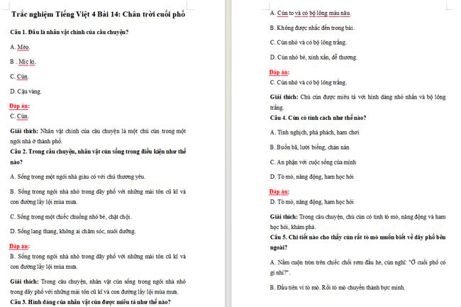 Trắc nghiệm Tiếng Việt 4 Bài 14