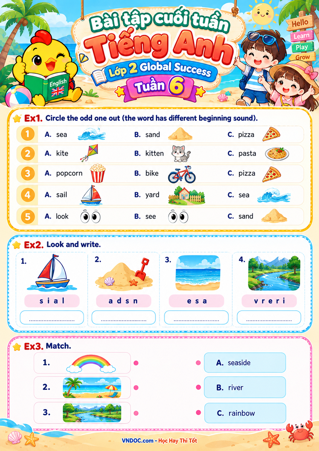 Bài tập cuối tuần Tiếng Anh lớp 2 Global Success Tuần 6