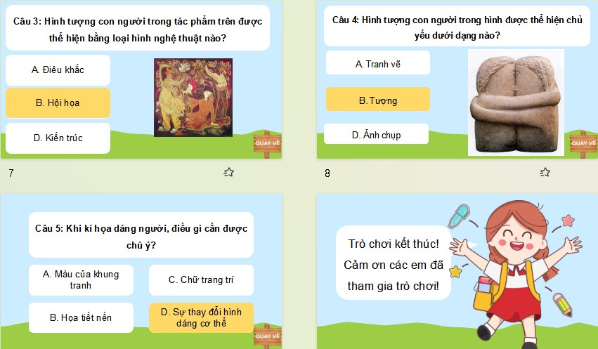 Game khởi động Mĩ thuật 8 Bài 1: Hình tượng con người trong sáng tạo mĩ thuật