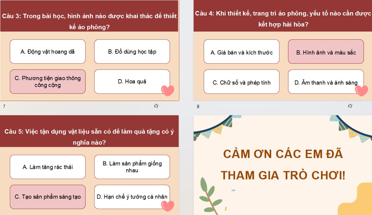 Game khởi động Mĩ thuật 8 Bài 12: Thiết kế, trang trí áo phông