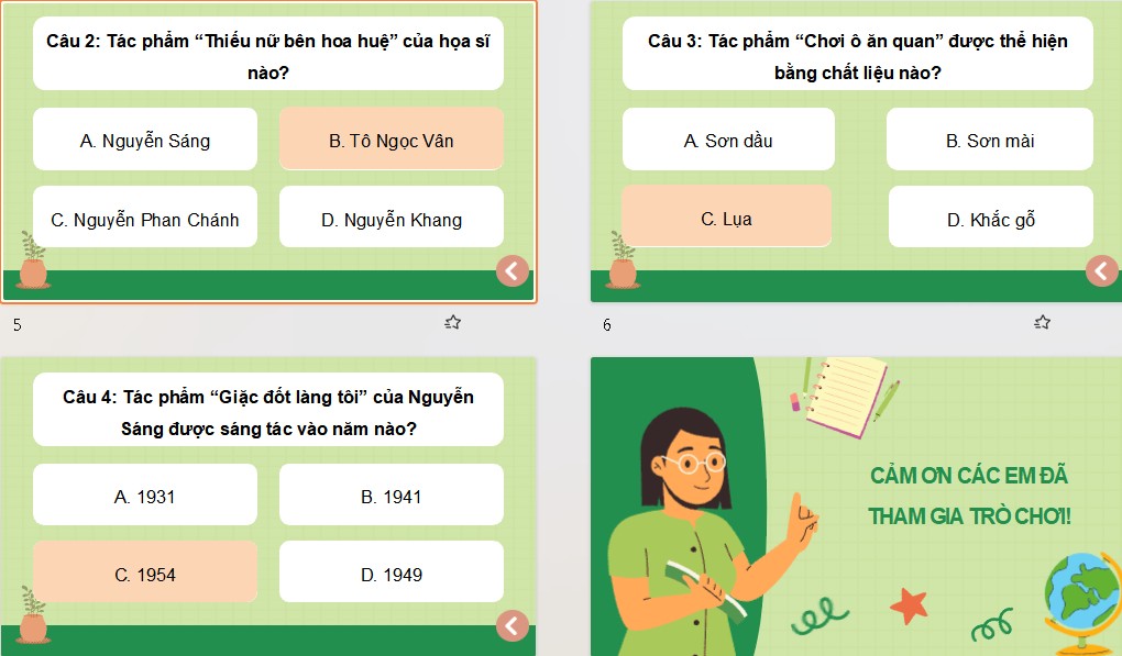 Game khởi động Mĩ thuật 8 Bài 13