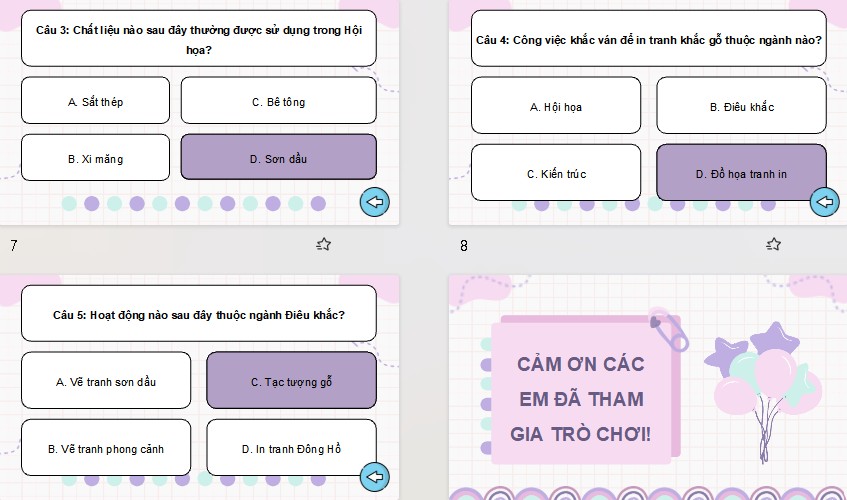 Game khởi động Mĩ thuật 8 Bài 15