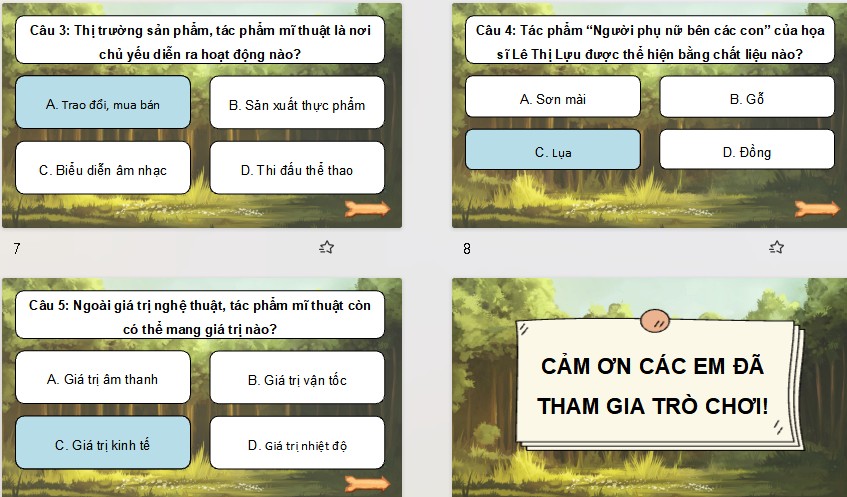 Game khởi động Mĩ thuật 8 Bài 16