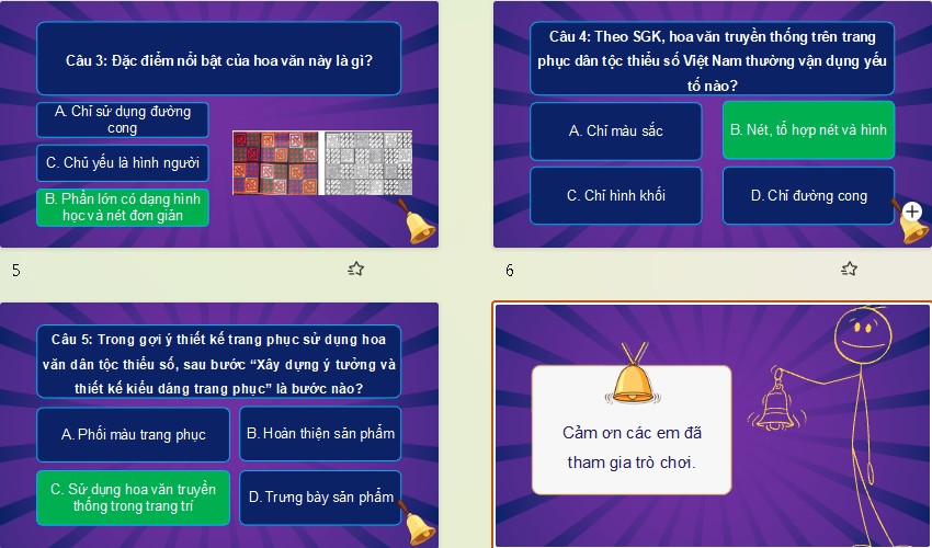 Game khởi động Mĩ thuật 8 Bài 4: Thiết kế trang phục với hoa văn dân tộc thiểu số